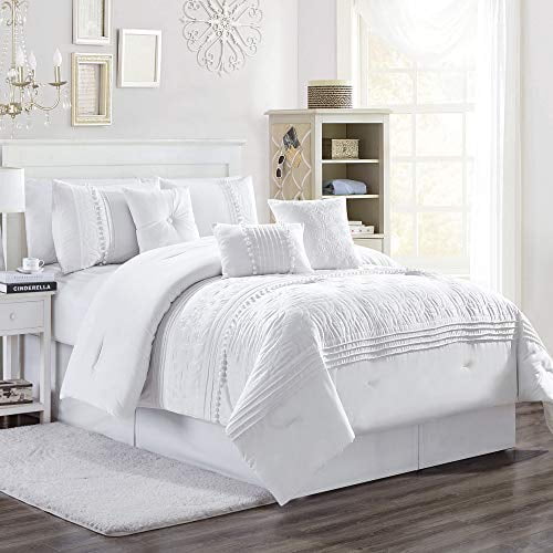 Chezmoi Collection Grace 7-Piece White Floral Chenille Embroidered Pleated  Striped Comforter Set