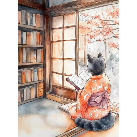 Japanese Black Cat Bathing Moon Lucky Cat Cartoon Illustration Retro Poster Canvas Paintings Wall Art Pictures Home Decor Gifts50 x 70 cm (without frame),SKU-04