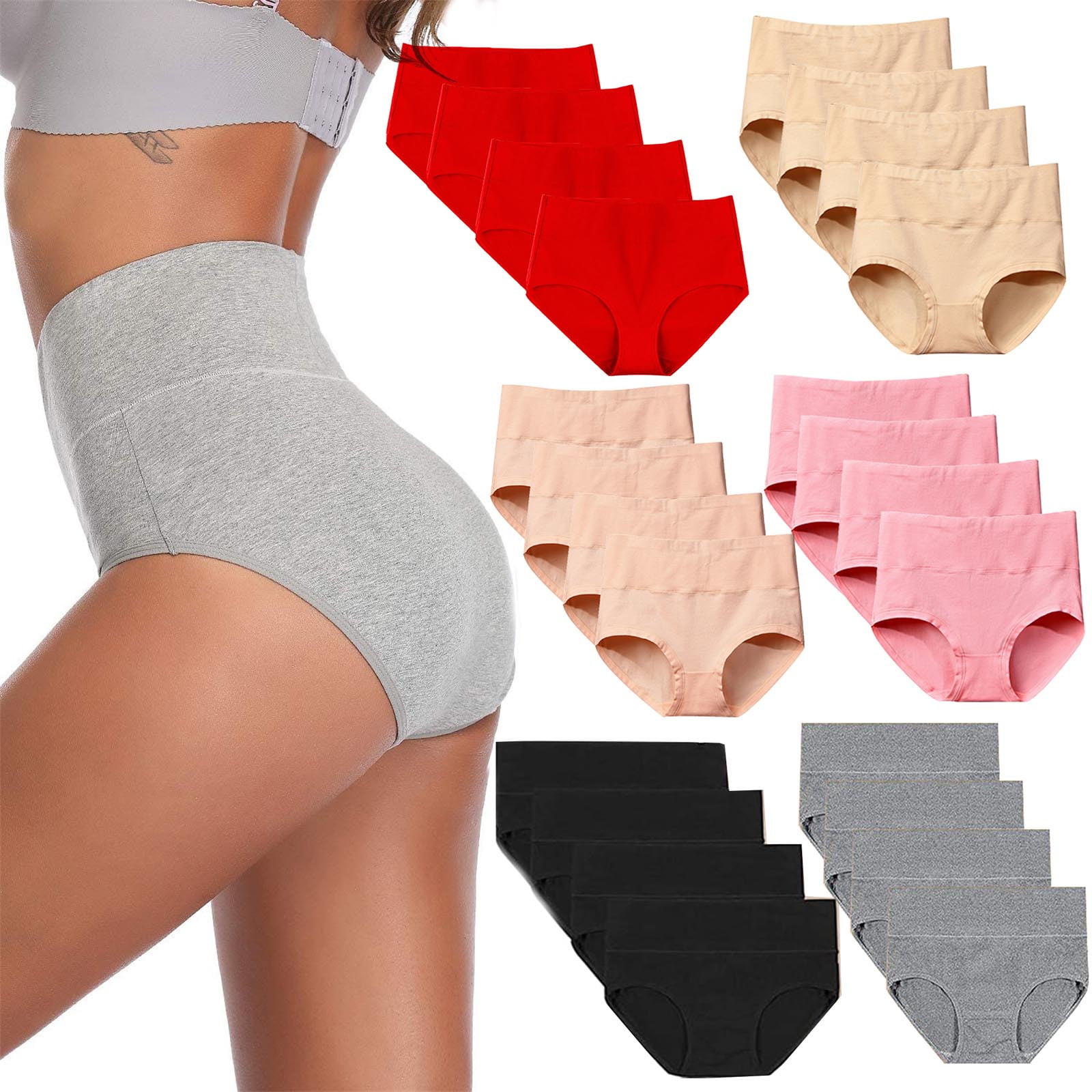 Sksloeg Panties for Women Breathable High Middle Waist Solid Color Panties  Cotton Soft Breathable Stretch period Briefs Seamless Ladies Underwear