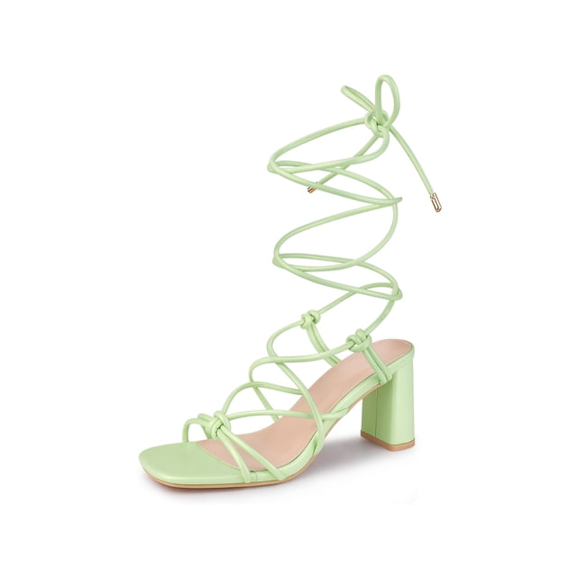 BLISSFUL STEP Square Toe Strappy Lace Up Slingback Block Heel Sandals for Women Mint Green 6