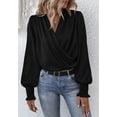 thumbnail image 4 of Shirred Cuff Long Sleeve Surplice Neck Faux Wrap Blouse for Women Black Large, 4 of 5
