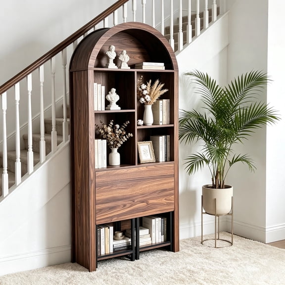 71" Tall Arched Bookcase with Folding Desk, Open Arched Display Bookself, Wooden Storage Cabinet for Office, Living Room, Kitchen