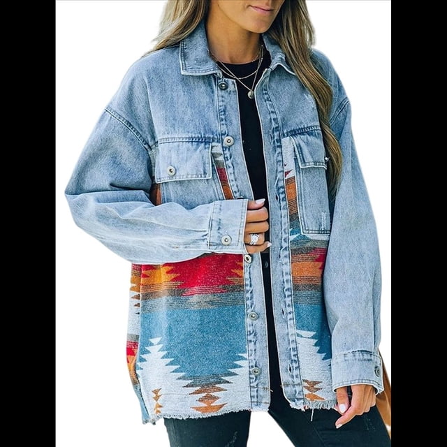 Chaqueta Vaquera de Larga con Solapa Holgada y Parches para Mujer, Estilo Retro con Borde Sin Rematar, de Medio. Naranja L