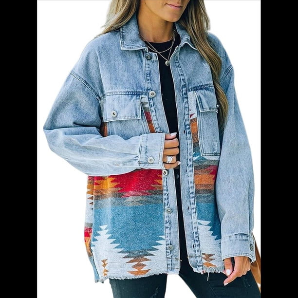 Chaqueta Vaquera de Larga con Solapa Holgada y Parches para Mujer, Estilo Retro con Borde Sin Rematar, de Medio. Naranja L