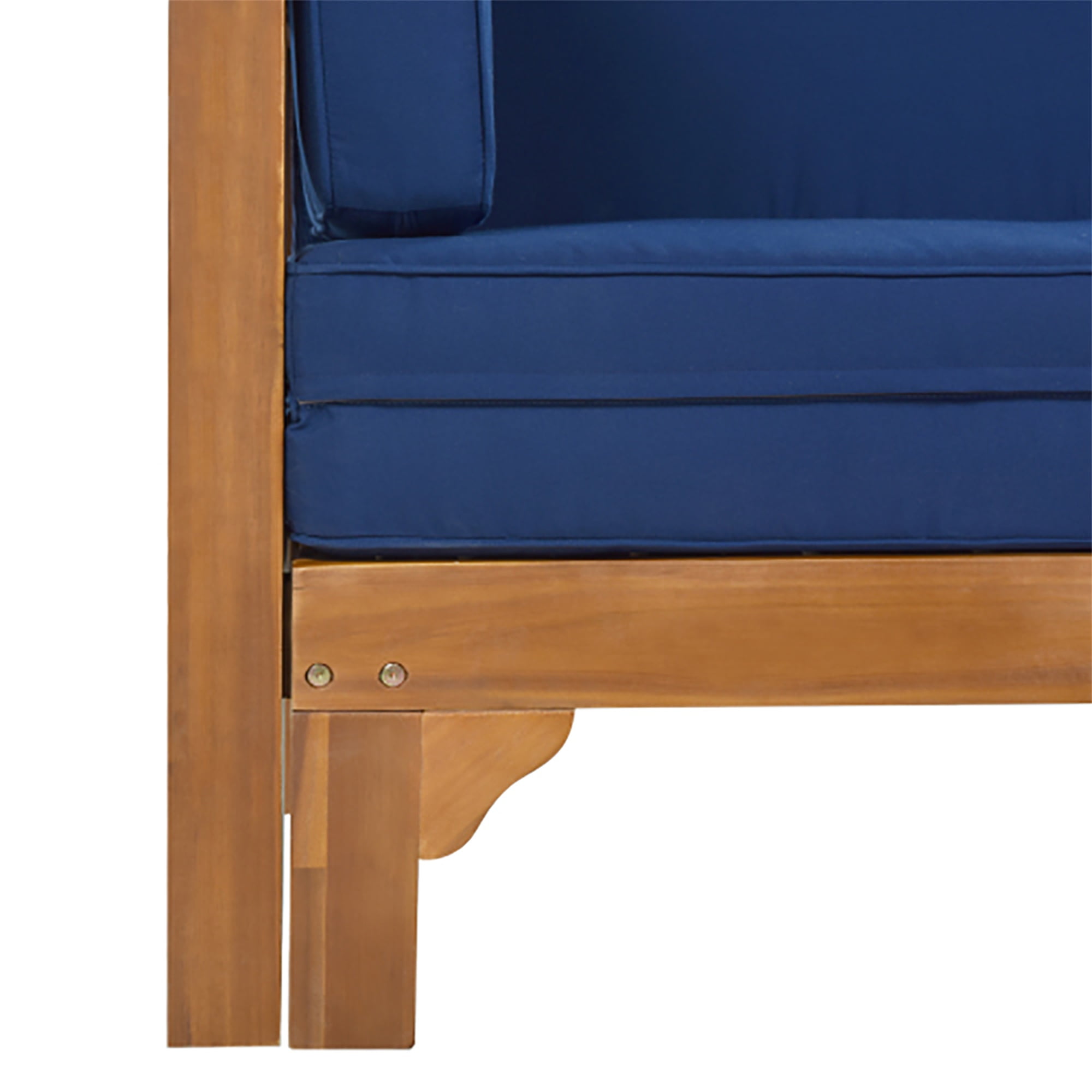 Kadyn Outdoor Patio Stretch Solid Wood Sofa Set Combo Furniture, Patio Furniture Sofa, Ottoman with Thick Cushions, Brown Finish + Blue Cushions Kadyn Outdoor Patio Stretch Solid Wood Sofa Set Combo Furniture, Patio Furniture Sofa, Ottoman with Thick Cushions, Brown Finish + Blue Cushions