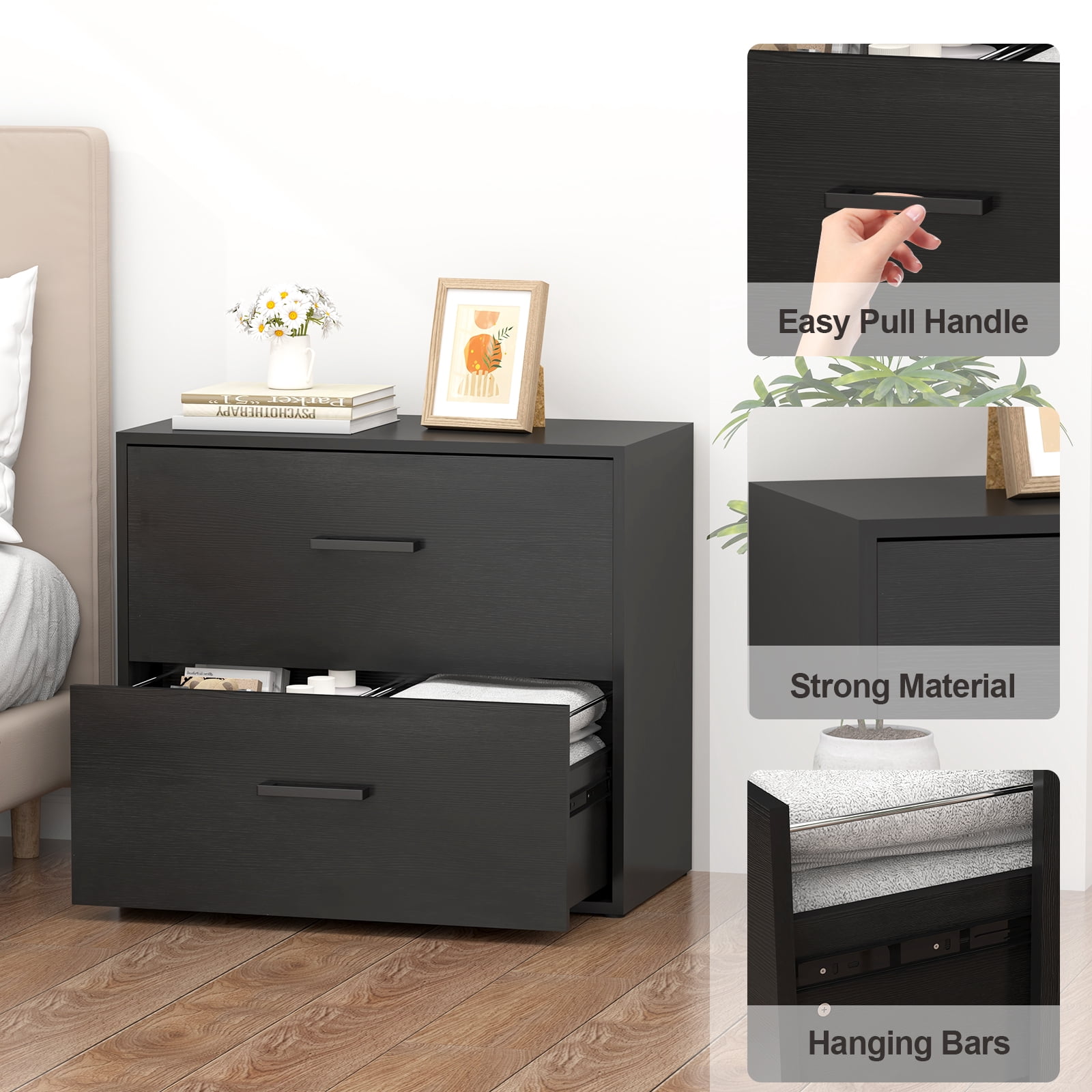 Marcree Lateral File Cabinet, Wood Black File Cabinet with Hanging Bars for Letters, Horizontal File Cabinets for Home Office, Black