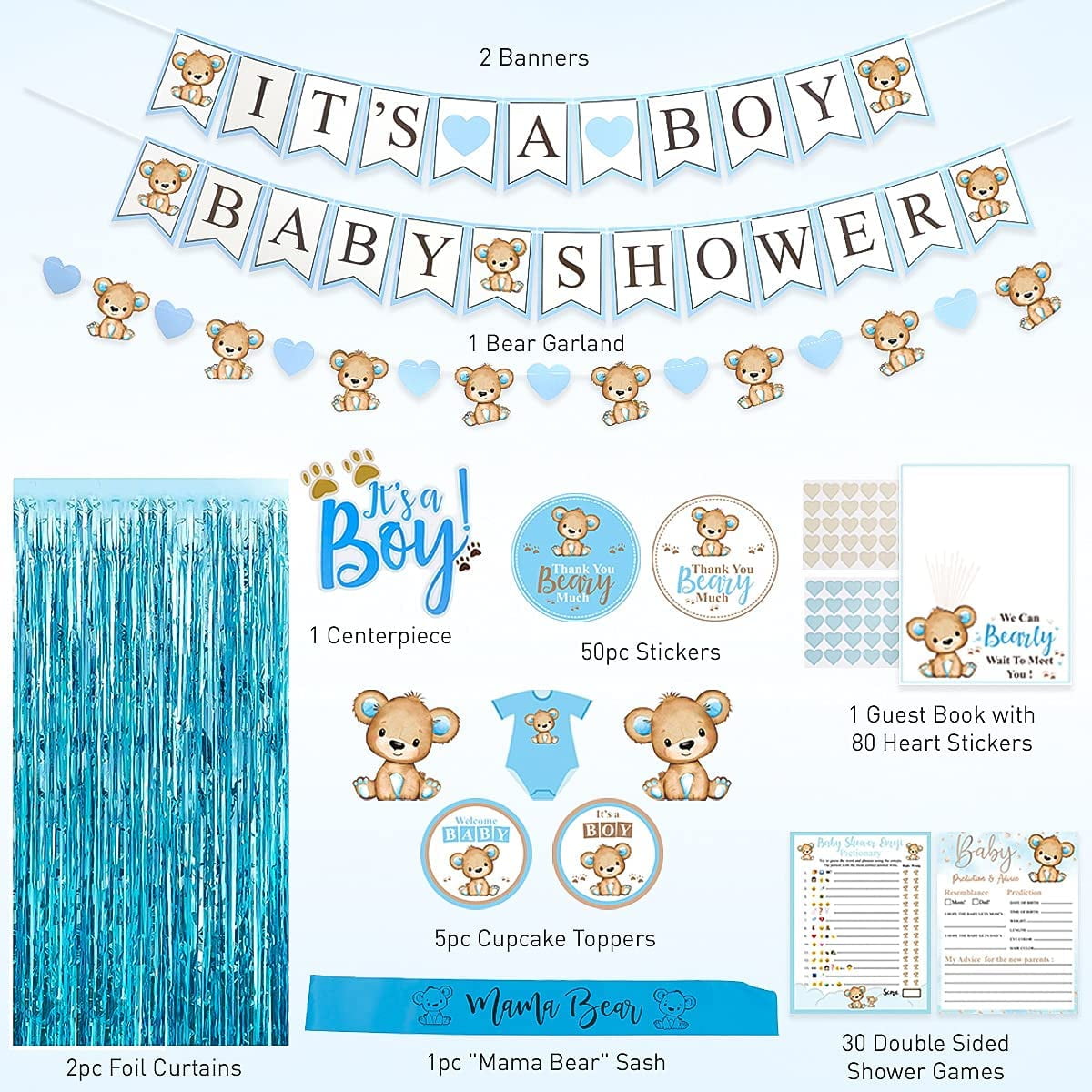 210 PC Teddy Bear Baby Shower Decorations for Boy Kit- It's a BOY Pre-Strung Banners, Garland, Streamers Guestbook Mommy Sash Blue Brown Balloons Cake Toppers Paper Fans Lantern Games & Favor Sticker
