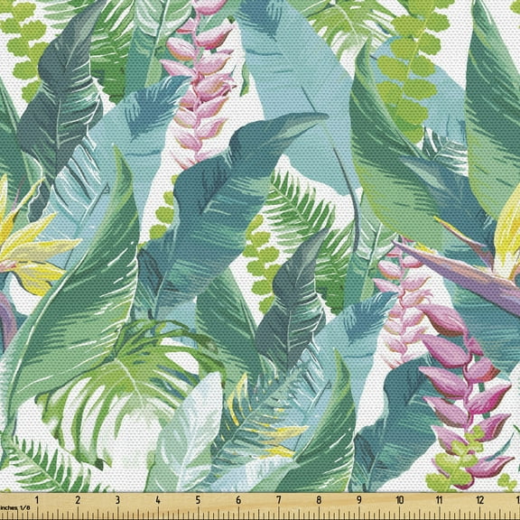 Ambesonne Watercolor Fabric by the Yard Upholstery, Exotic Jungle Hawaii, 1 Yard, Green Pink White
