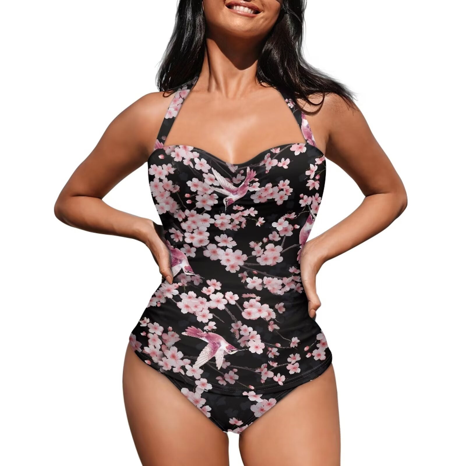 FKELYI One Piece Bikini Swimwear Cherry Blossom Hummingbird Print Women Swimsuits Halter Bathing Suits with Soft Pad Polyester Beachwear Tummy Control Monokini for Ladies Teens, L