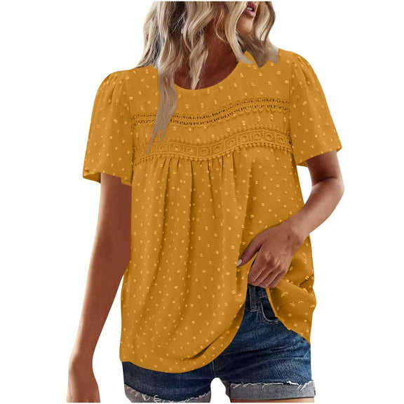 Women Boho Tops Short Sleeve Summer Loose Shirts Lace Casual Solid Blouses Swiss Dot Babydoll Flowy Tunic Tops