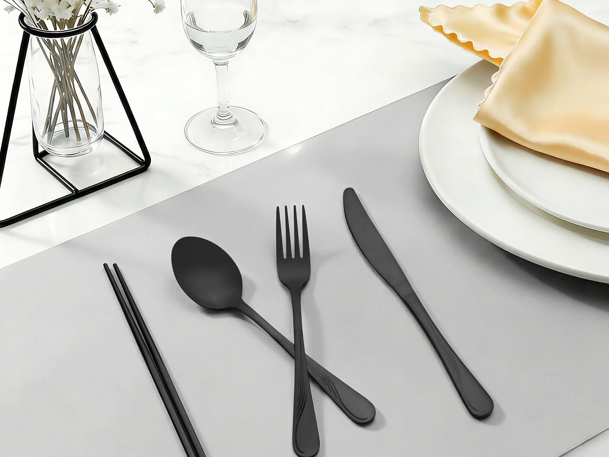 Unique Bargains Sleek and Stylish Durable Stainless Steel Flatware Set Black 4pcs