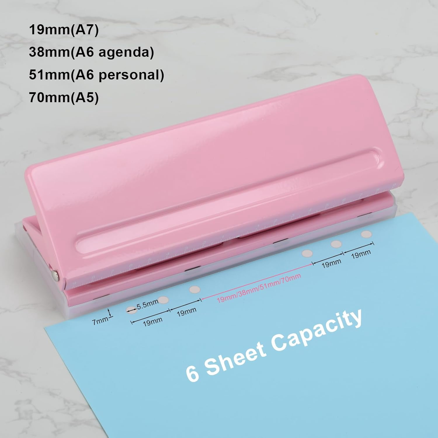 Adjustable 6-Hole Punch - Metal Hole Puncher for A4/A5/A6, Personal & Pocket Planners - 6-Ring Binder Puncher, Non-Slip Base, with Ruler & Hole Guide
