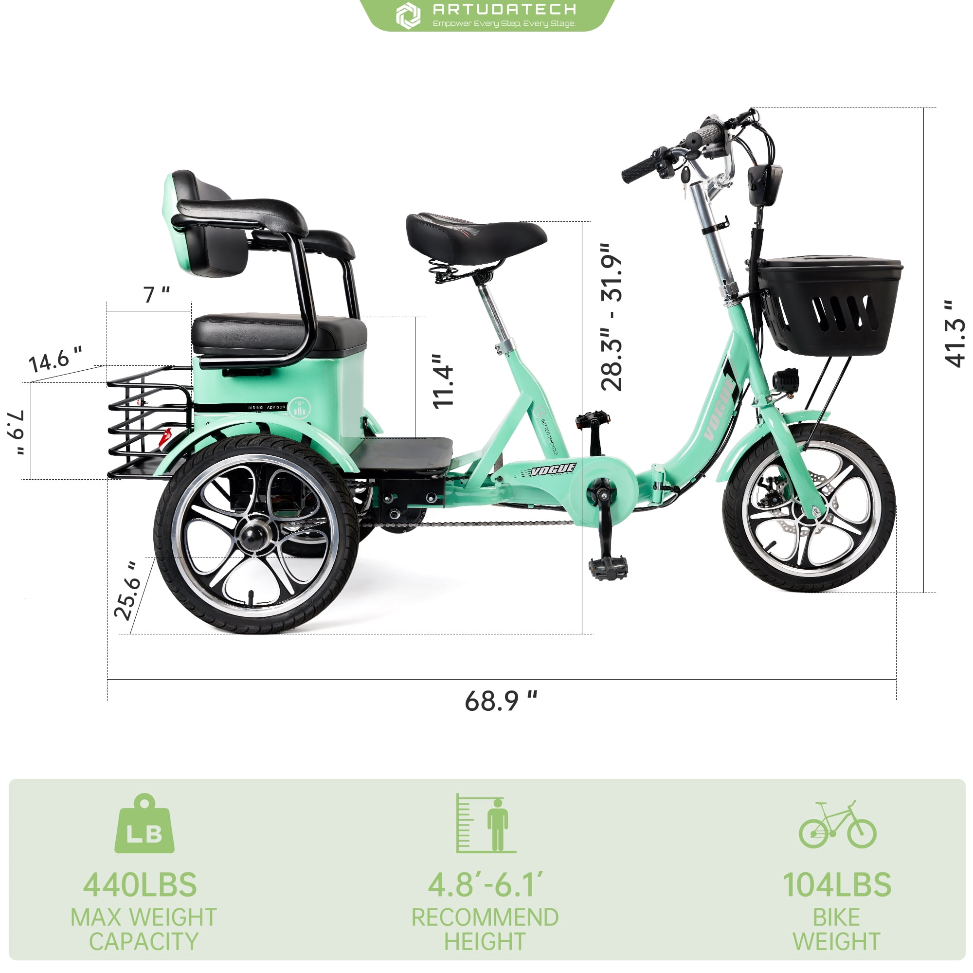 ARTUDATECH Triker Electric Bike, 400W Folding Trike Ebike, 3 Wheel Electric Bicycle, Up to 34 Miles, 16 Tire Tricycle for Adults, Green