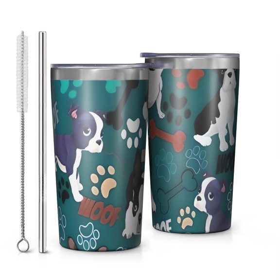 Boston Terrier with Bones and Paws 10oz Tumblers Stainless Steel Tumbler with Lid and Straw,Vacuum Insulated Double Wall Travel Tumbler Cups with Cleaning Brush for Coffee, Tea