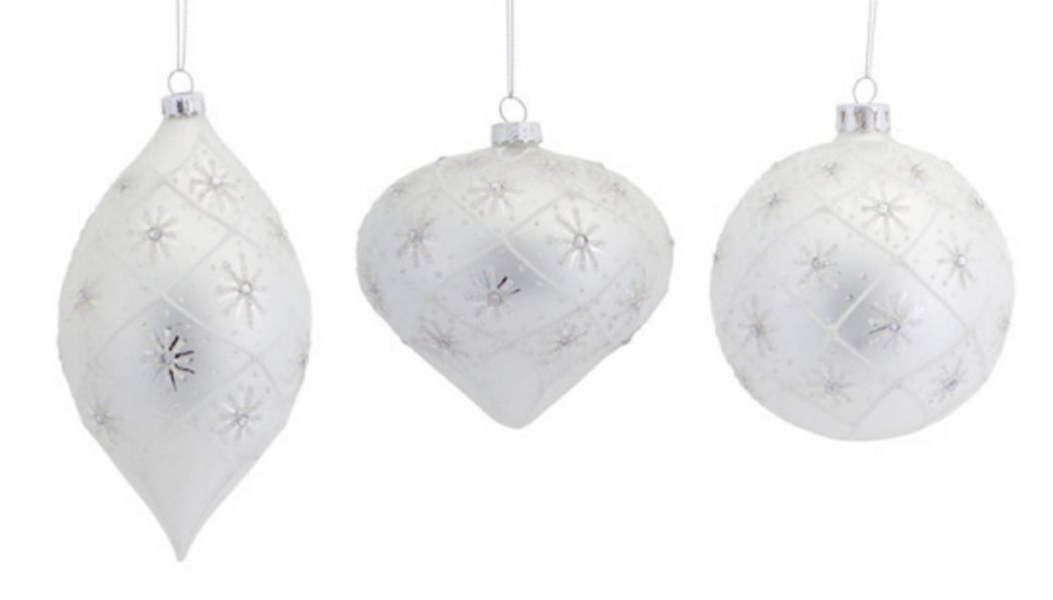 12 Winter White Snowflake Glass Ball, Onion and Shuttle Christmas