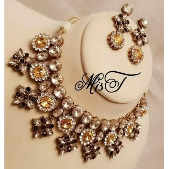 Women's Kundan Stone Choker Necklace Set with Earrings – Golden & Black Accent