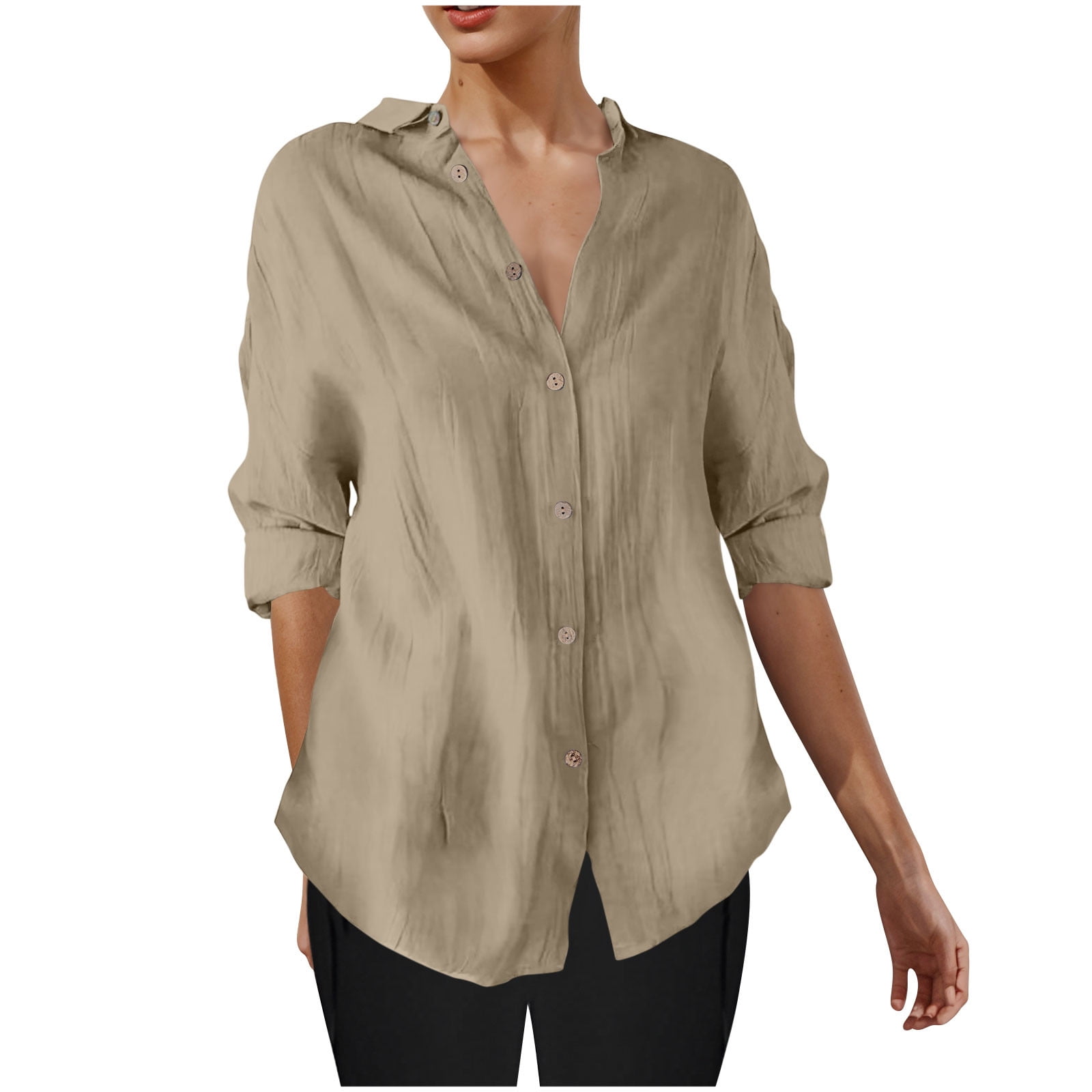 2 Pack ylioge S-4X Plus Size Shirts for Women 3/4 Sleeve Button-Down Blouses Tops Womens Casual Lightweight Solid Color Collared Work Tshirts Top