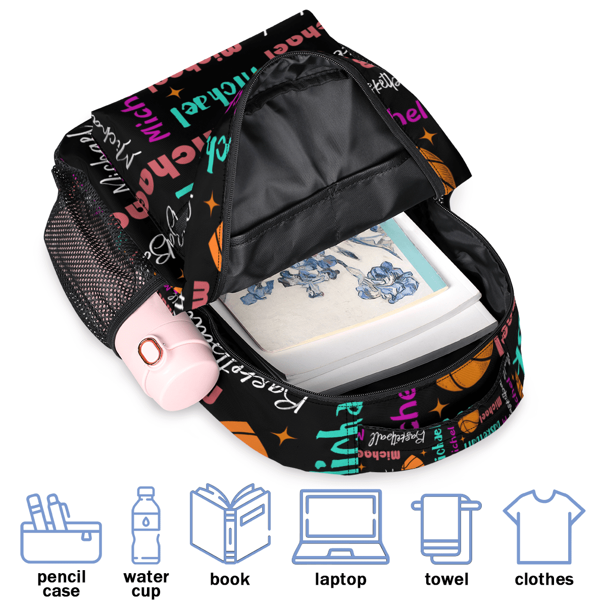 Jiaoprinted Custom Basketball Theme Backpack with Name, Personalized Lightweight Casual Daypack for Women Men, Customized 18 Inch Travel Back Pack