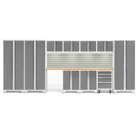 

NewAge Products Bold Series Platinum 12 Piece Cabinet Set Heavy Duty 24-Gauge Steel Garage Storage System Slatwall / LED Lights Included