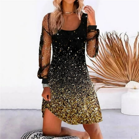 

Women s Charming High Neck Sparkly Dresses Corset Mini Dress Long Sleeve Mesh Pencil Dress Slim Fit For Party Club Night Fall Ladies Dresses Tops Gold XL