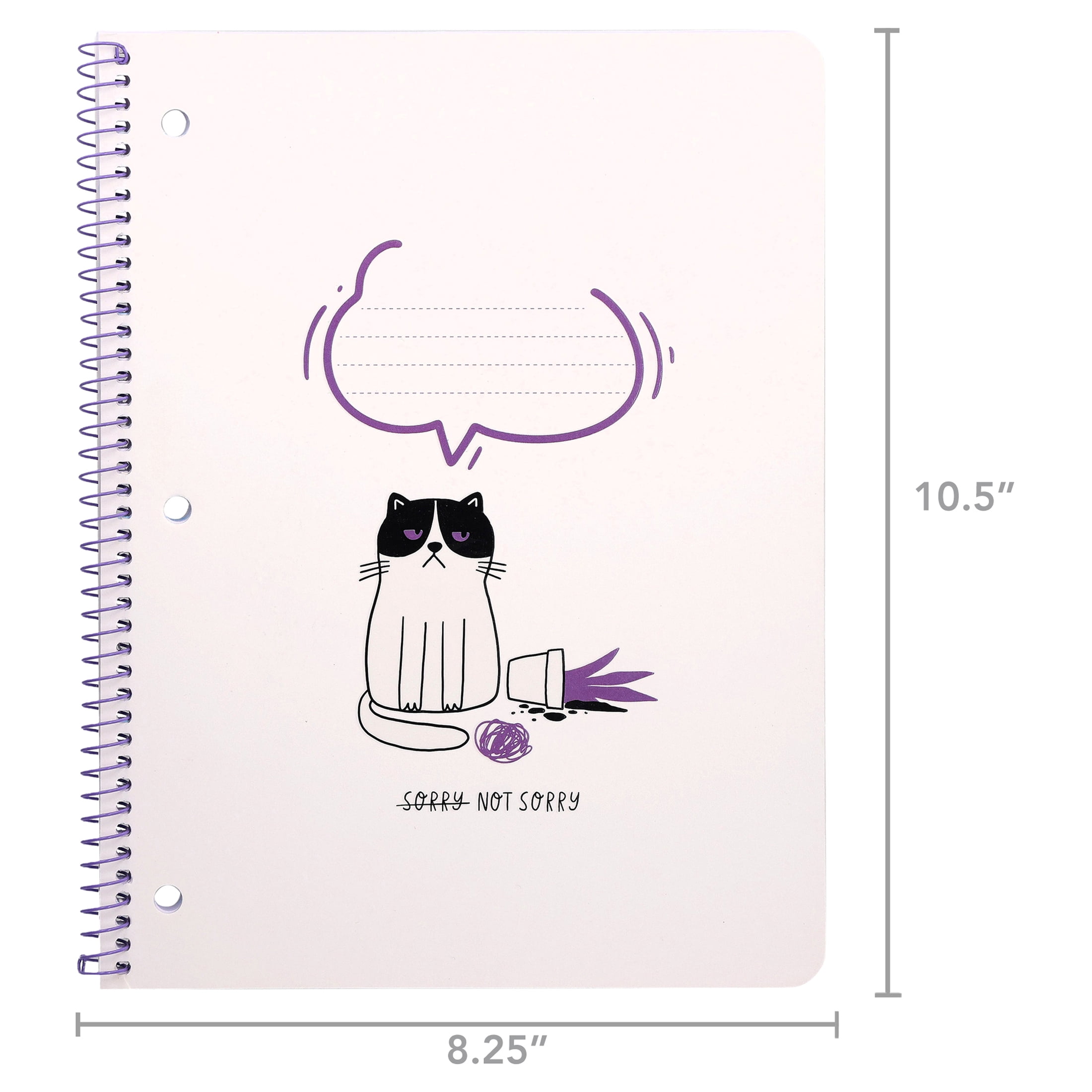 Pen+Gear College Ruled 1-Subject Notebook, 8" x 10.5", White and Purple Not Sorry Cat, 80 Sheets