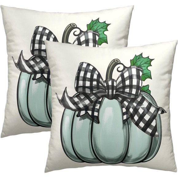 Fall Throw Pillow Covers 16X16 Inch Set of 2,Autumn Buffalo Plaid Blue Pumpkin Thanksgiving Harvest Farmhouse Pillow Cases Cushion Case for Sofa Couch Porch Home Decor
