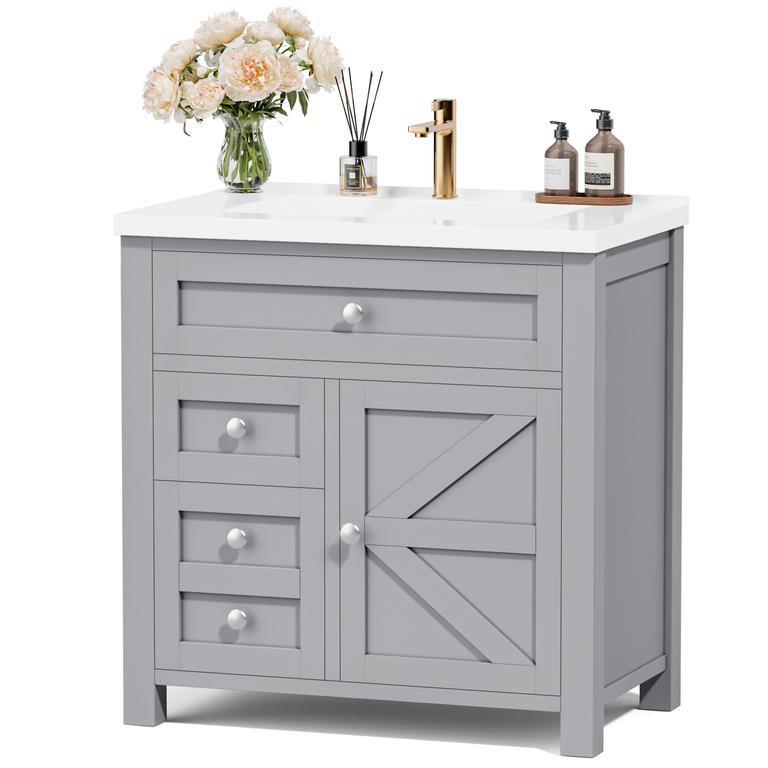 Lacoo 30'' Bathroom Vanity with Resin Sink, Wood Bathroom Storage Cabinet with Drawers and Shelves for Bathroom, Gray