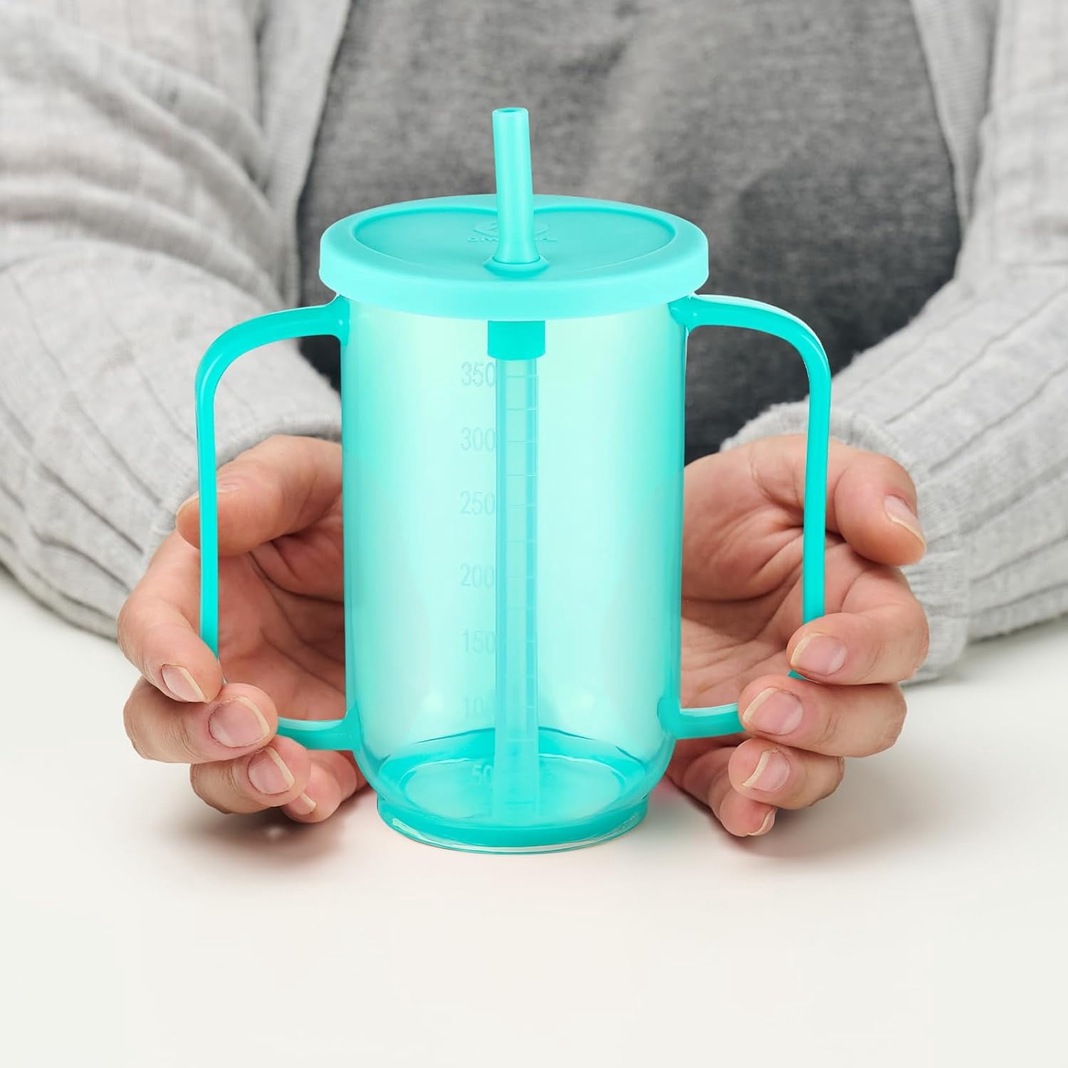Sliner 2 Pcs Adult Sippy Cups for Elderly, 12 oz Plastic Spill Proof Cups with 2 Handles Straw and Lid for Adults Hospital Disabled Dysphagia Patients (Blue)