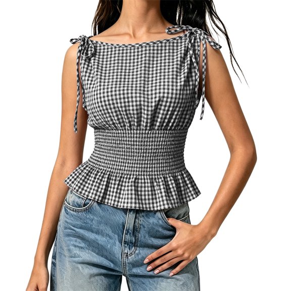 Bibifish Womens Tank Tops Gingham Print Tie Shoulder Sleeveless Camisole Smocked Waist Peplum Summer Casual Tops
