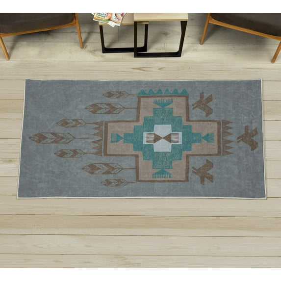 Tribal Decorative Rug, Hand Drawn Dreamcathcher Folkloric Birds Image Ethnic Ikat Design, Quality Carpet for Bedroom Dorm and Living Room, 6 Sizes, Blue Grey Brown, by Ambesonne