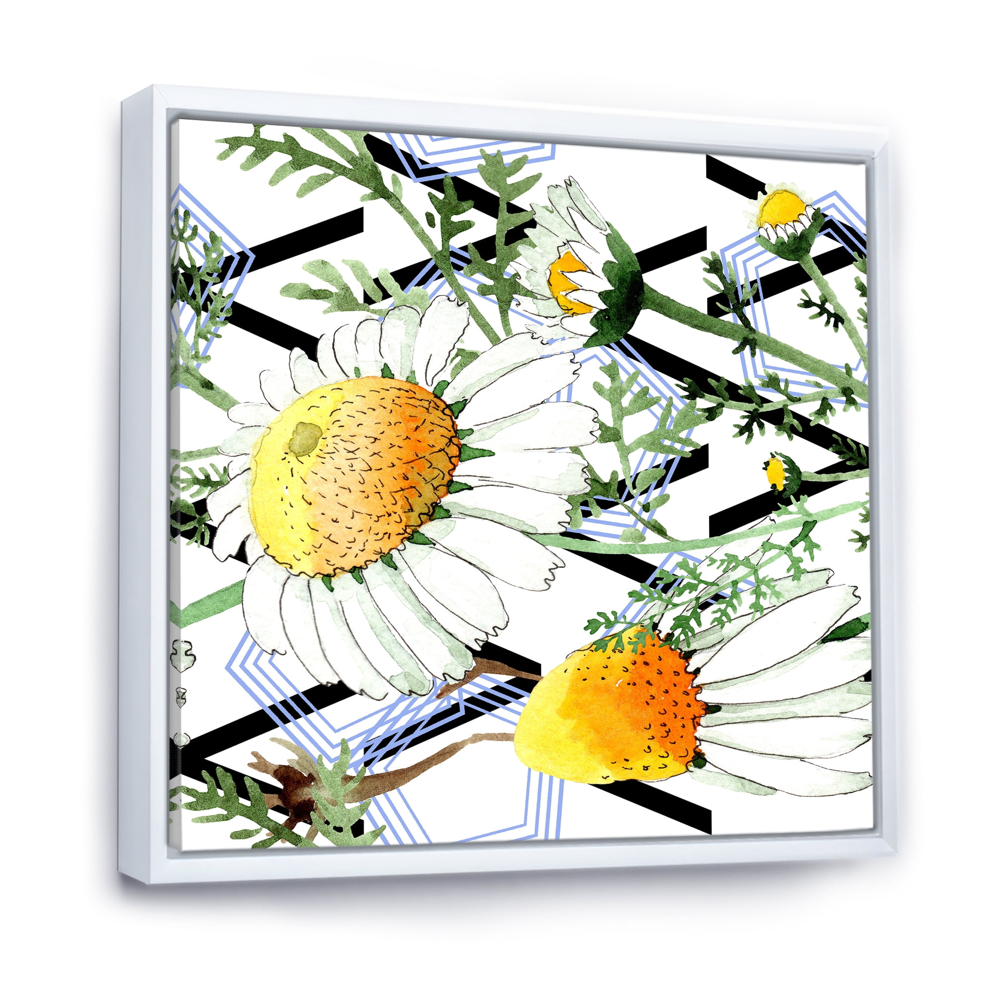 Designart 'Wild Spring Chamomile Flowers On Geometric Lines' Traditional Framed Canvas Wall Art Print
