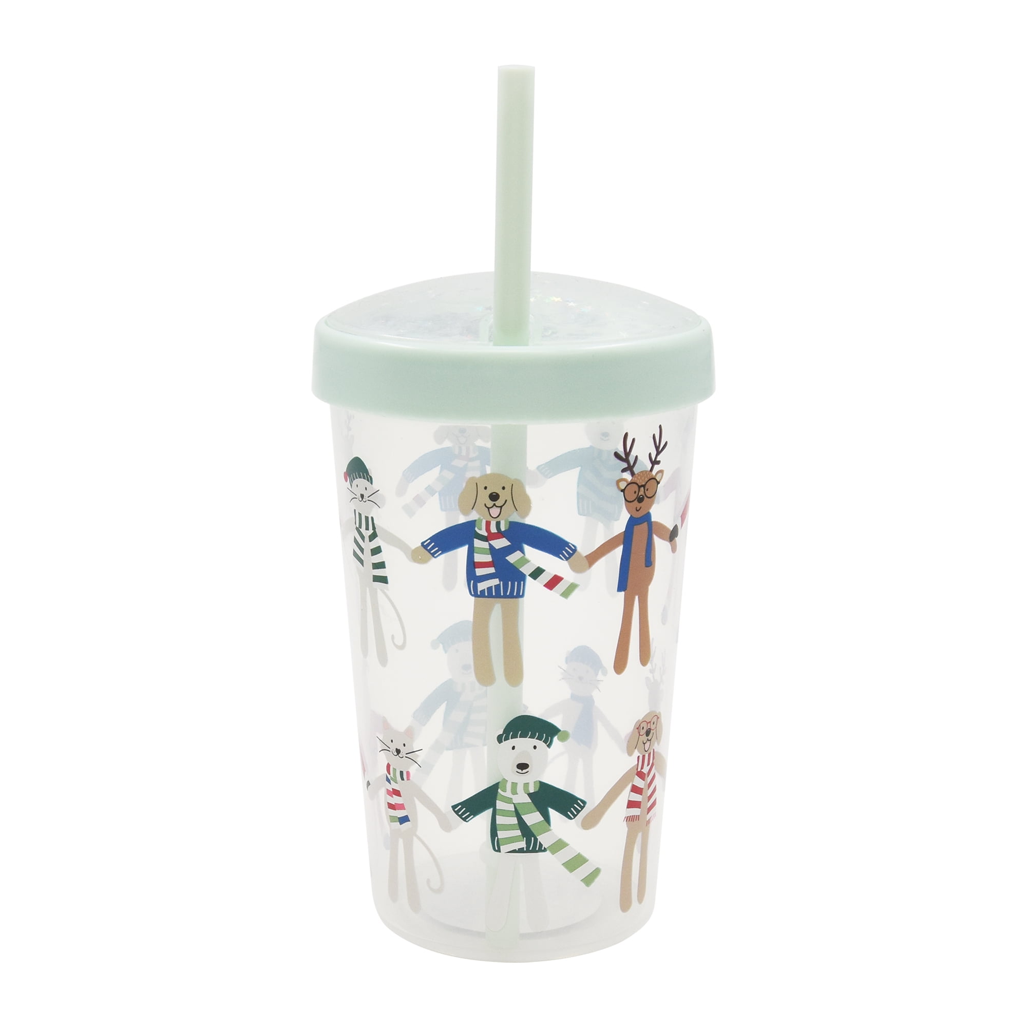 Holiday Time Christmas Santa with Friends Plastic Tumbler with Straw, Blue Glitter Lid, Partyware, <ul><li>Holiday Time Christmas Santa with Friends Plastic Tumbler with Straw, Blue Glitter Lid</li><li>Featuring a cheerful blue design with Santa Claus is holding hands by his friends</li><li>Lightweight and reusable</li></ul>