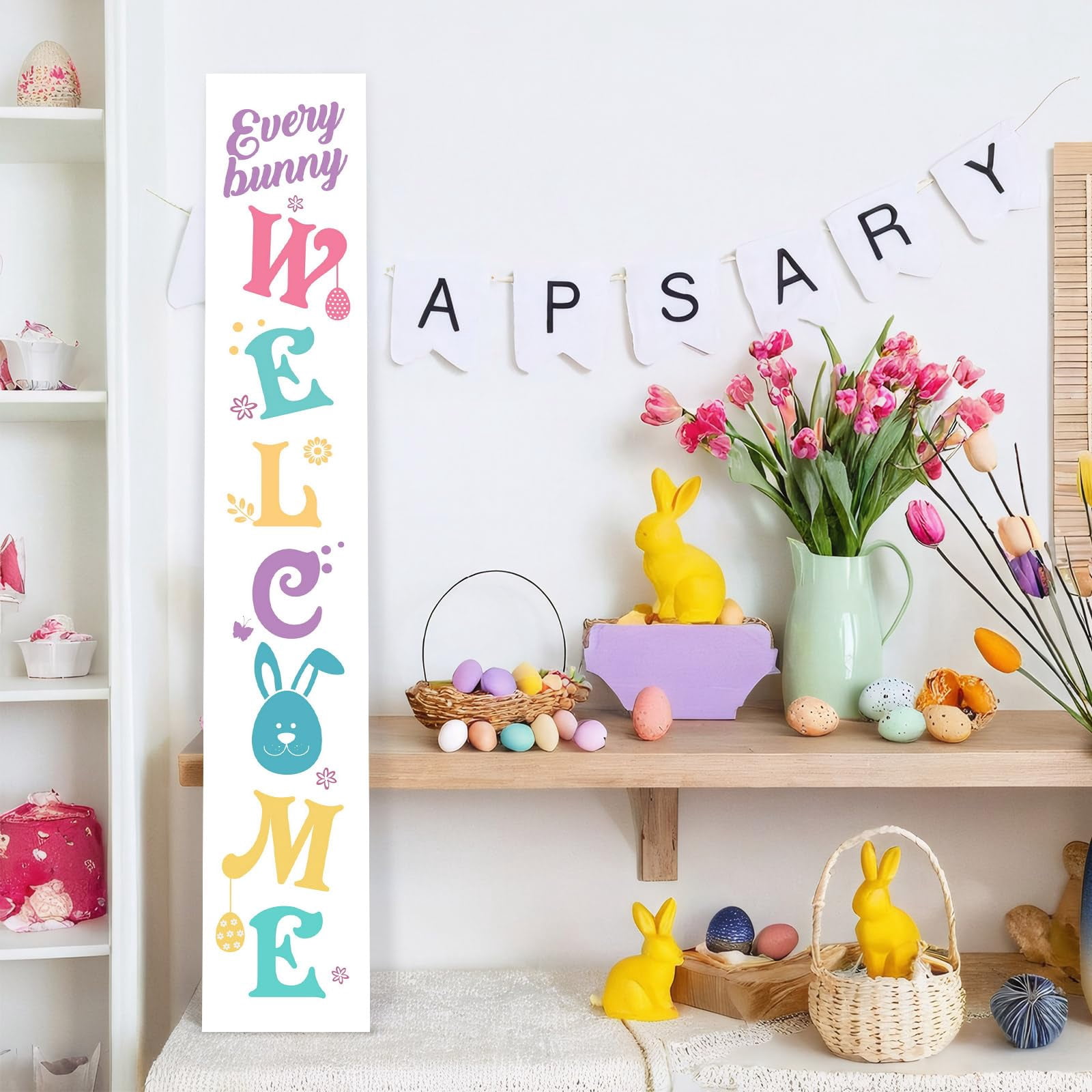 Easter Porch Sign, 47"H Large Wooden Porch Decor, Tall Leaner Vertical Welcome Sign for Front Door Standing, Easter Spring Outdoor Yard Rustic Farmhouse Decorations for Home