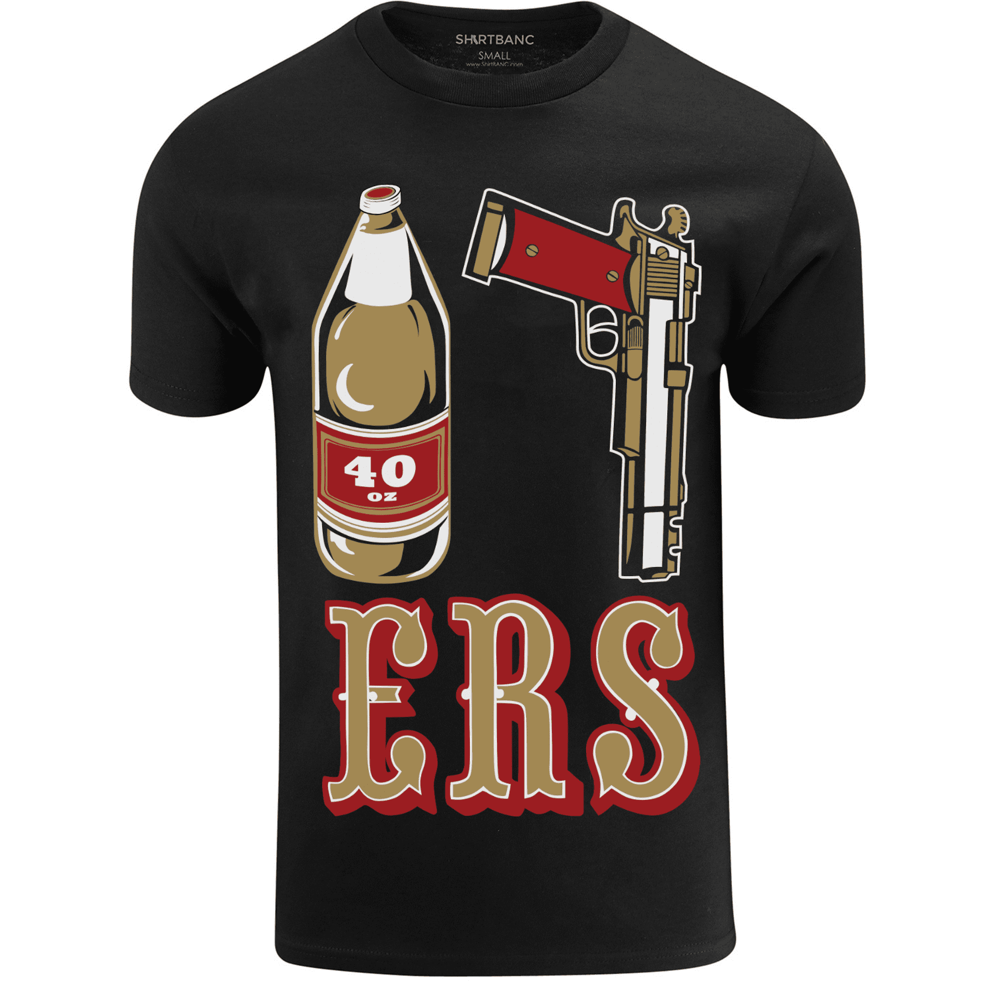 ShirtBANC Mens Golden Empire Shirt 40 Oz Bottle 9 MM Gold Gun ERS  California Tee