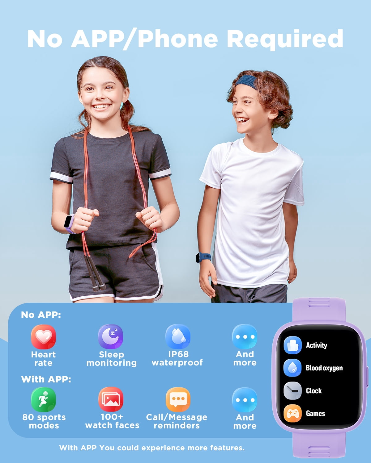 BIGGERFIVE Smart Watch for Kids, 1.8" Fitness Tracker Watch Pedometer, IP68 Waterproof, Sleep Monitor, Calorie Step Counter, 5 Puzzle Games with/Without APP for Girls Teens 5-16