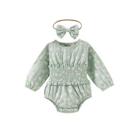 

Infant Newborn Baby Girl Romper+ Headband Long Sleeve Floral Round Neck Casual Fall Spring Short Jumpsuit 0-24M