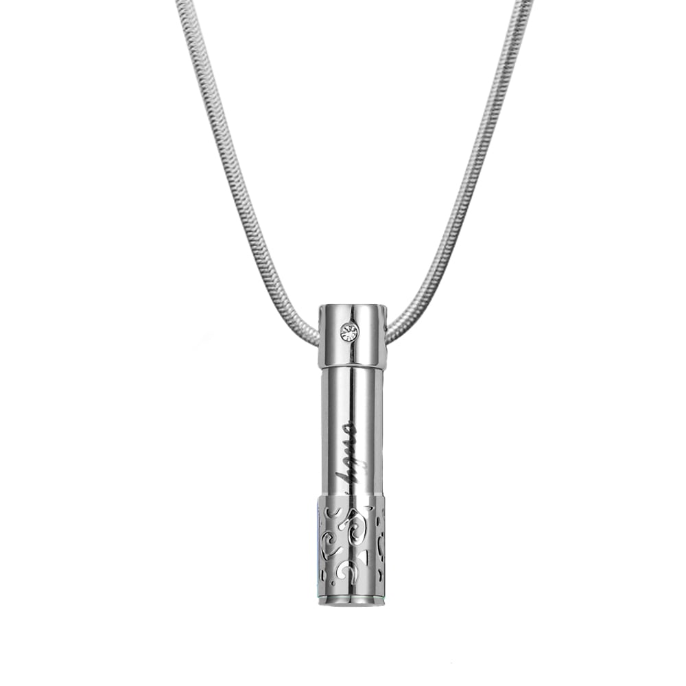 Only Love Cylinder Cremation Urn Necklace For Human Ashes Memorial Necklace Jewelry with Free Funnel Kit and Velvet Jewelry Box (Silver)