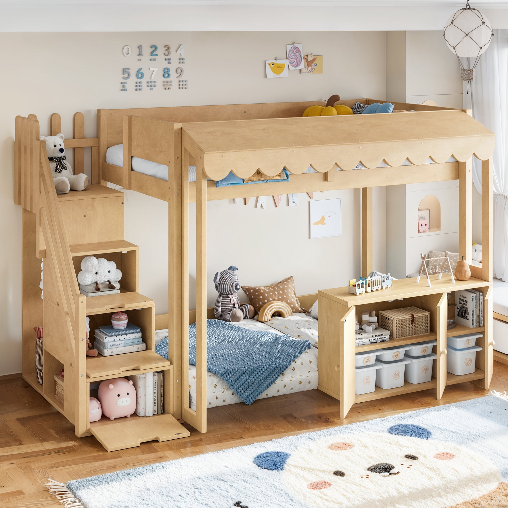 Leumius Twin over Twin Size Playhouse Loft Bed with Storage Stairs, Solid Wood Loft Bed with Pretend Convenience Store Counter, Convertible Underbed Space for Sleep or Play Natural