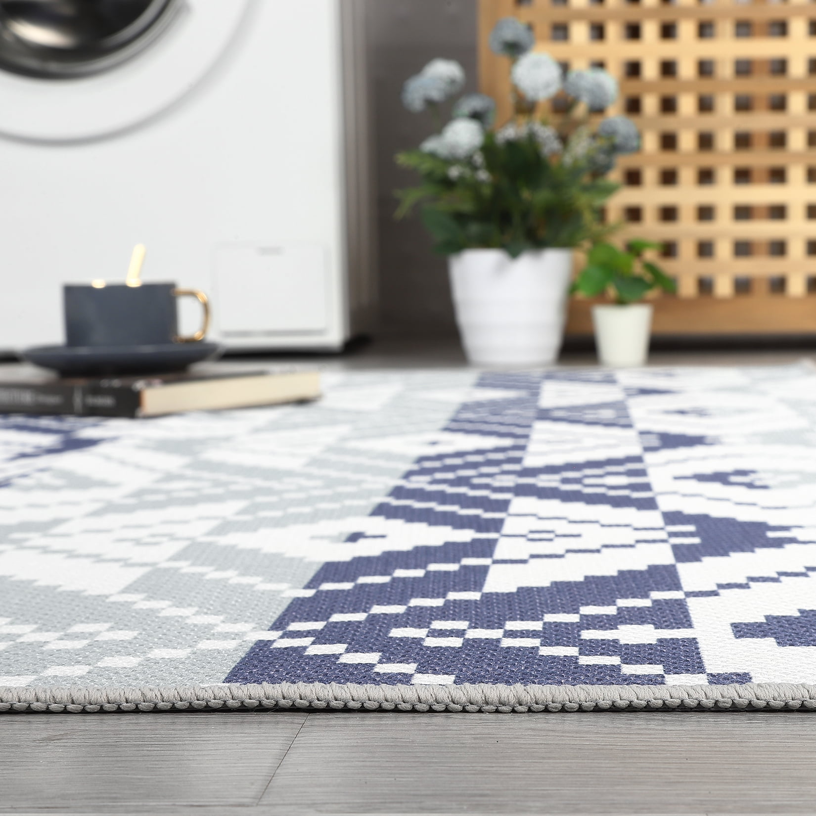 Senfot 5x8 Indoor Outdoor Area Rug Waterproof Modern Print Pattern Non-Slip Floor Carpet Stain Resistant for Patio Backyard Living Room Blue White