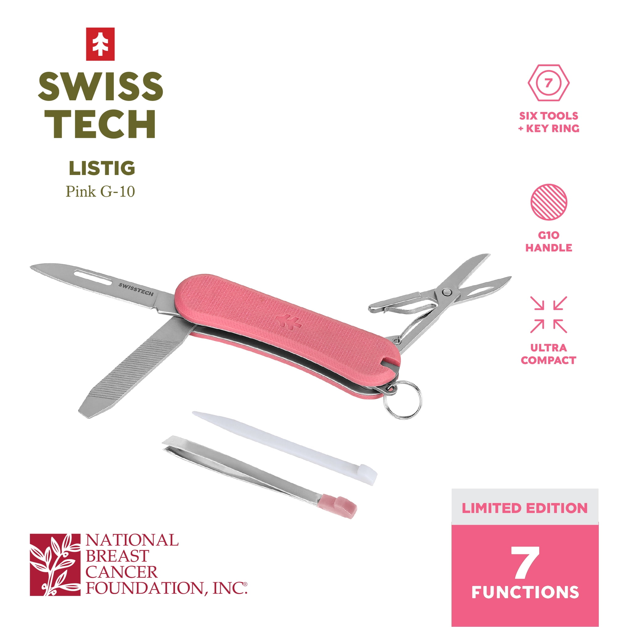 Swiss Tech Listig 7 in 1 Multitool Compact Single Edge Pocket Knife with Scisors Pink NBCF G-10 Handles