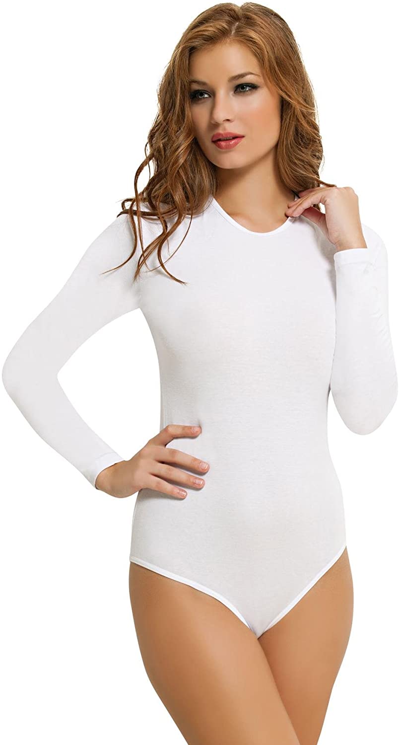 NBB Womens Basic Solid Long Sleeve Round Crew Neck Bodysuit Lingerie with  Stretch (White, Large) - Walmart.com