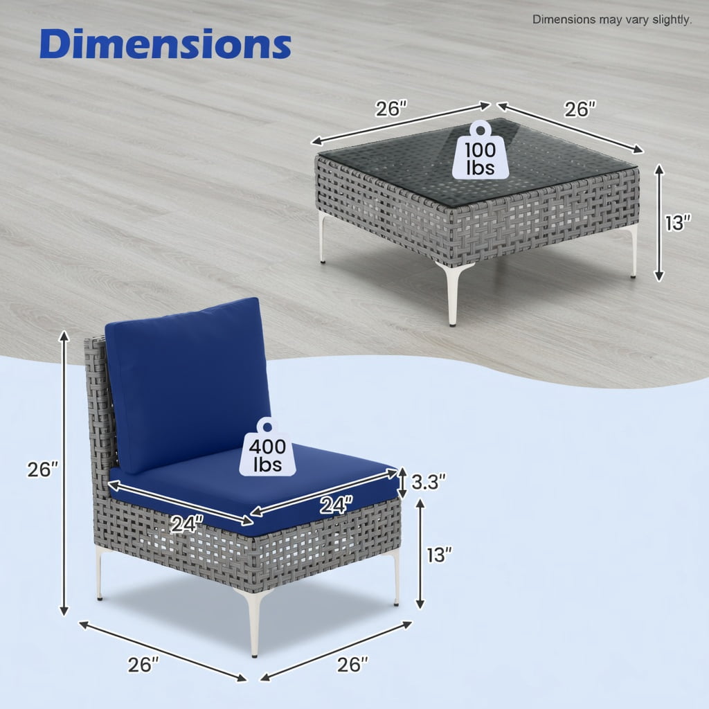 Hommoo 3-Piece PE Rattan Outdoor Conversation Set with Tempered Glass Coffee Table, Patio, Porch & Balcony Seating, Navy