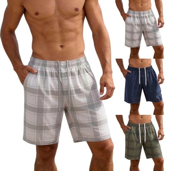 Ihhxva Men's Plaid Shorts Elastic Waist Drawstring Casual Bermuda Shorts Multi-Pockets Outdoor Summer Vacation Shorts - Dark Blue L