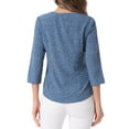thumbnail image 3 of Blusa de mujer Inspire Chic con cuello en V, mangas 3/4, estampado de lunares y corazones, parte delantera con botones, azul denim, talla S, 3 of 6