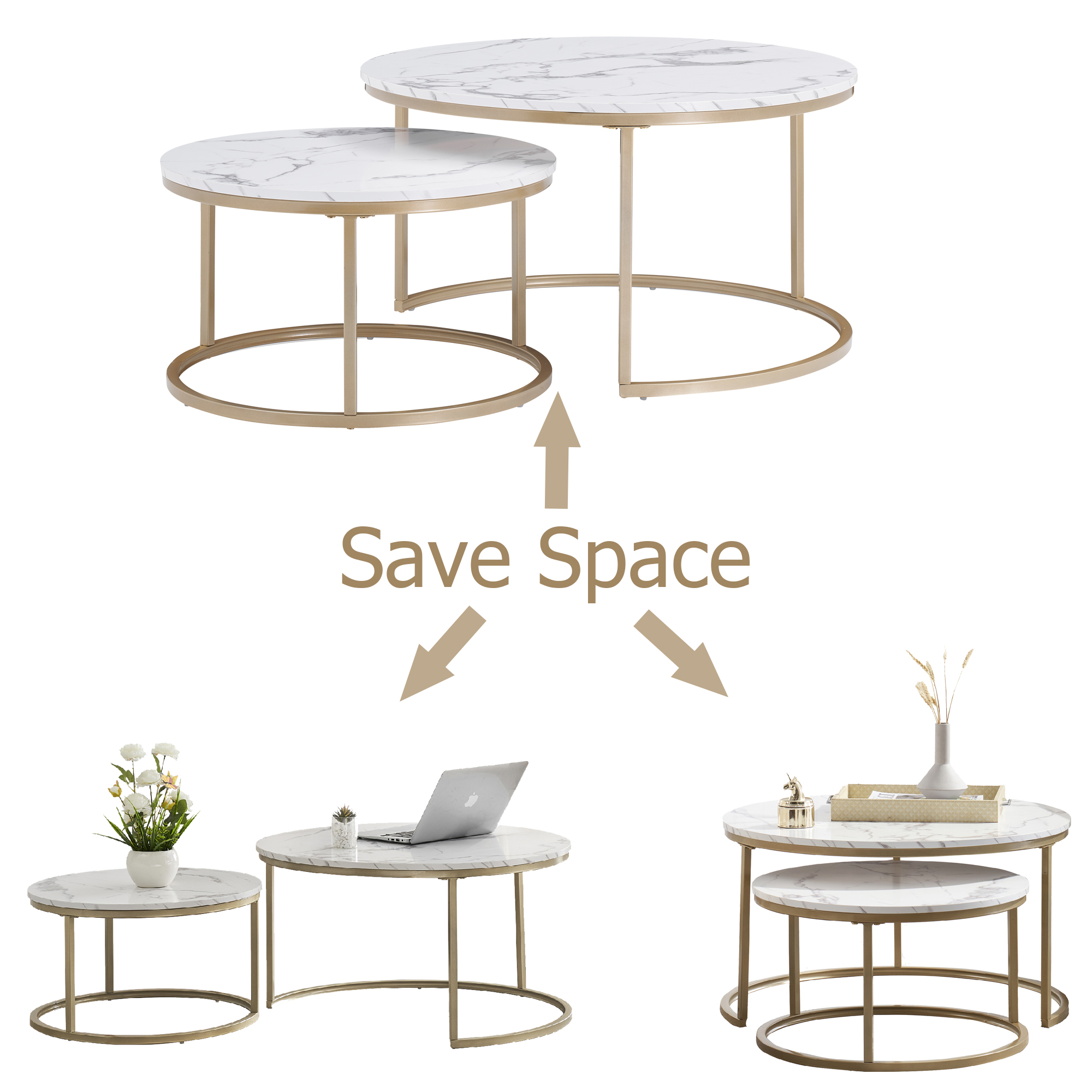 Round Nesting Coffee Table Set with 31.5 in White Faux Marble Top and Golden Legs Modern Style for living room