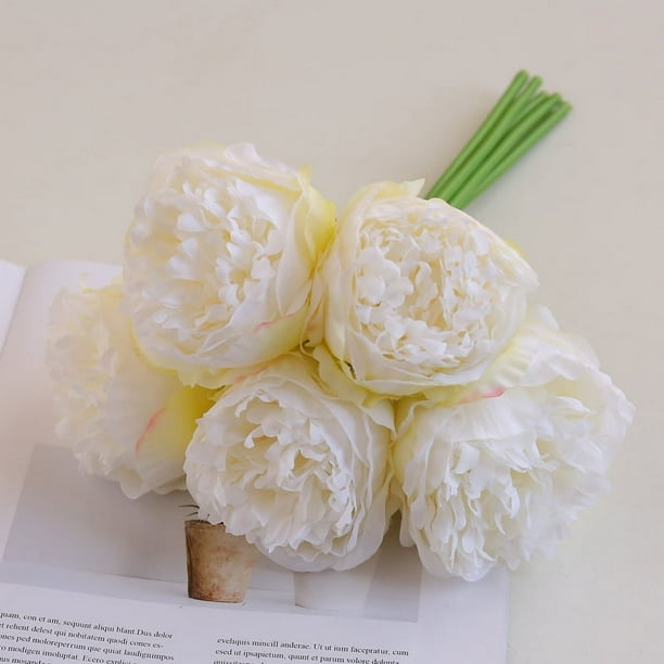 XmhyTop Ramo de 2 piezas, total 10 flores y hojas de peonía artificiales de seda, decoración para el hogar, la oficina, la fiesta de bodas, el bar festivo (blanco)