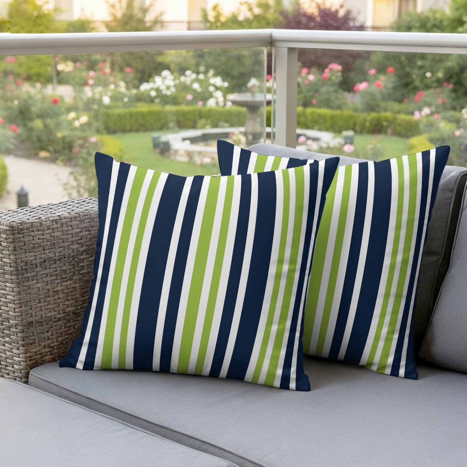 Navy Blue Green Striped Outdoor Waterproof Pillow Covers, Modern Minimalist Ombre Lines Decorative Square Throw Pillowcase Sofa Cushion Sham for Patio/Couch/Chair, 18"x18" 2 Pack