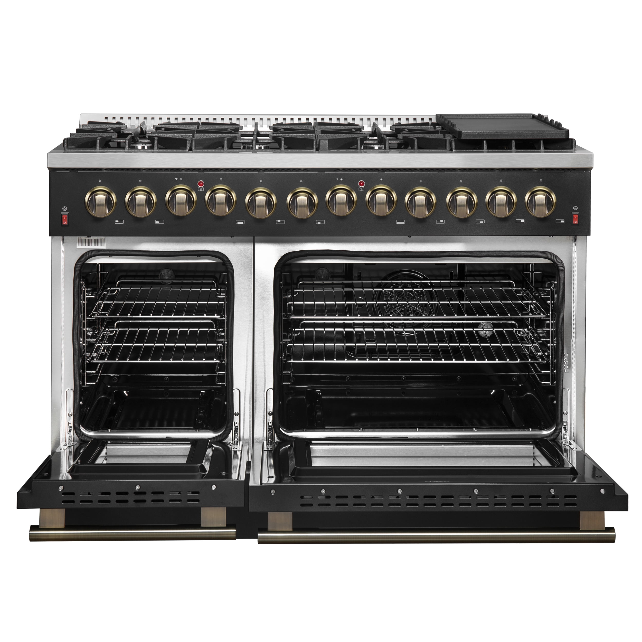 Galiano 48-inch Dual Fuel Range Black  Antique Brass Design with 8 Sealed Burners 107,000 BTU, 6.58 cu. ft. double ovens  Griddle