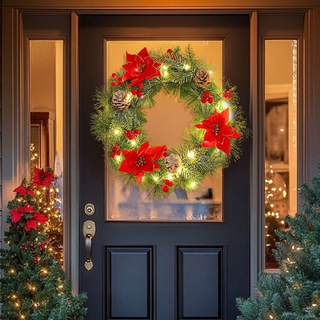 Couronne de Fleurs Frappe de Noël Intérieure et Extérieure avec Fleurs de Noël Rouges et Fruits Rouges Cônes de Pins Décorations de Noël