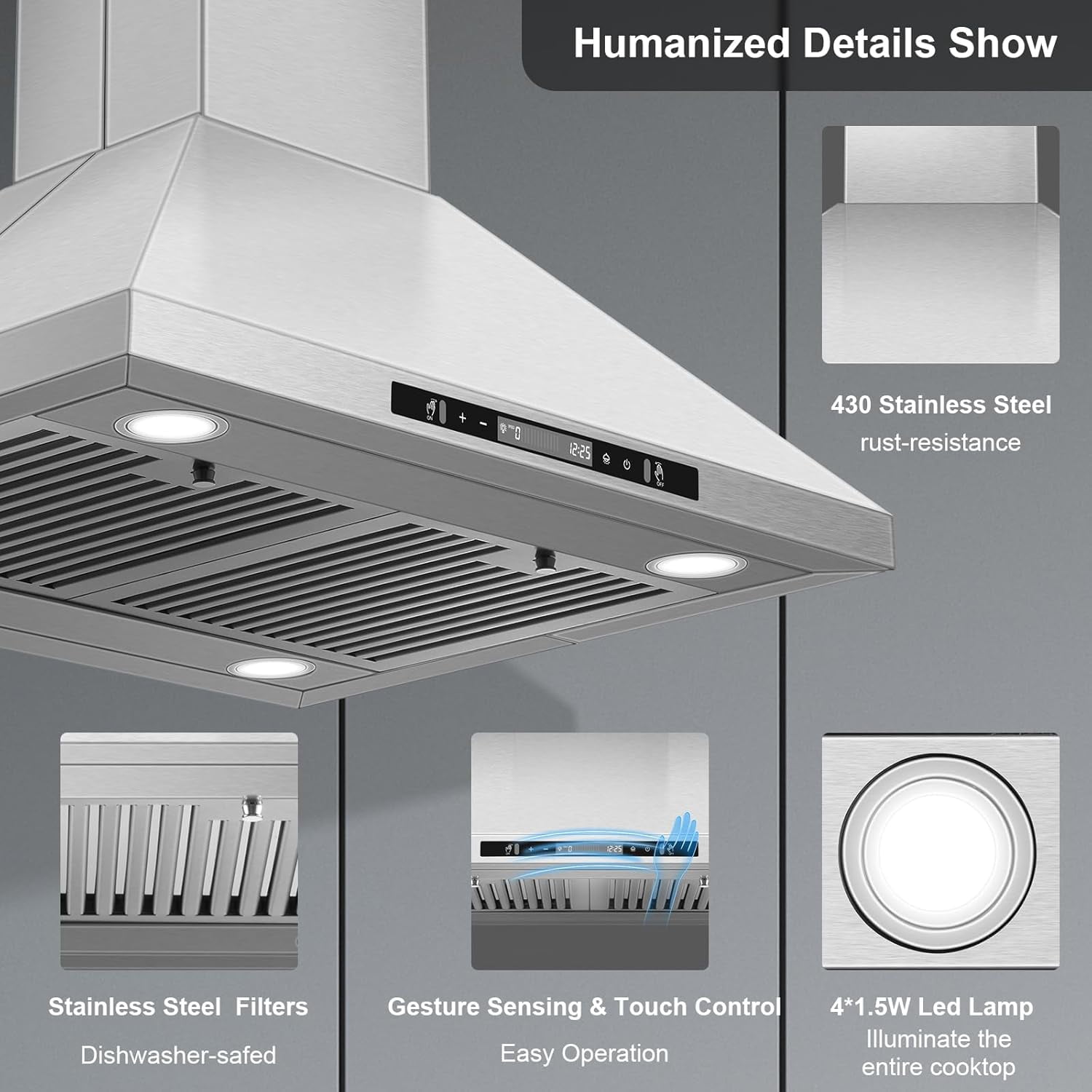 30 inch Island Range Hood 700 CFM Ceiling Mount Kitchen Vent Hood with Gesture/Touch Control, 3-Speed Fan & 4 LED Lights, Convertible Ductless/Duct, Stainless Steel Baffle Filters,Time Setting